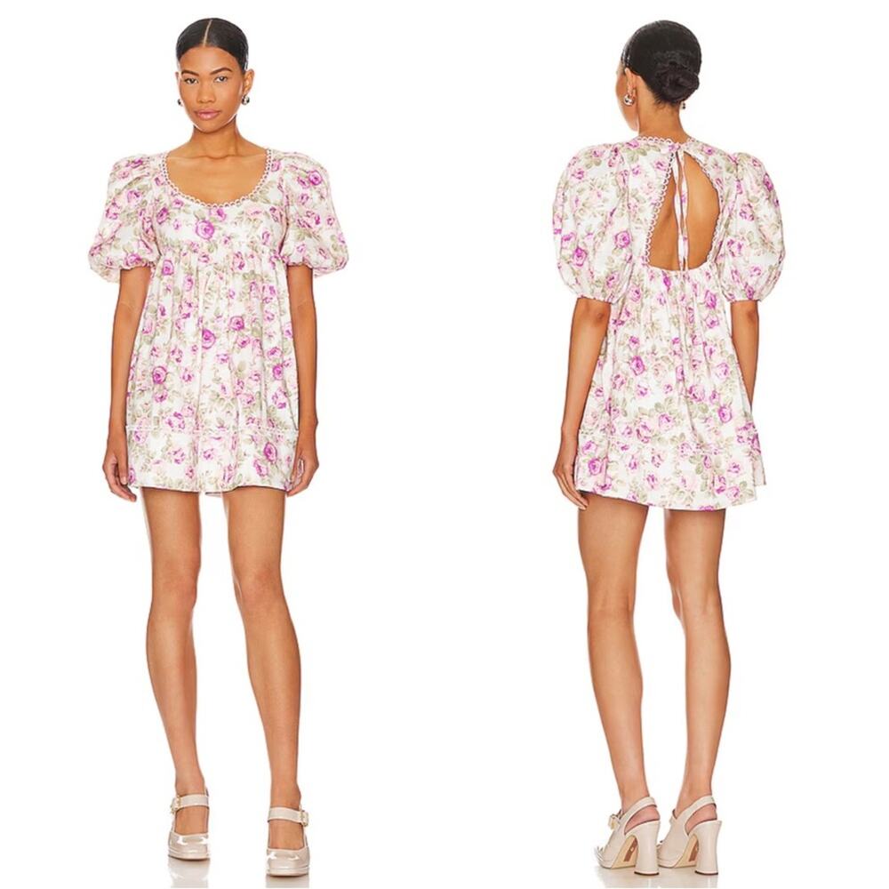FOR LOVE & LEMONS Milani Floral Puff Sleeve Babydoll Mini Dress Size Small